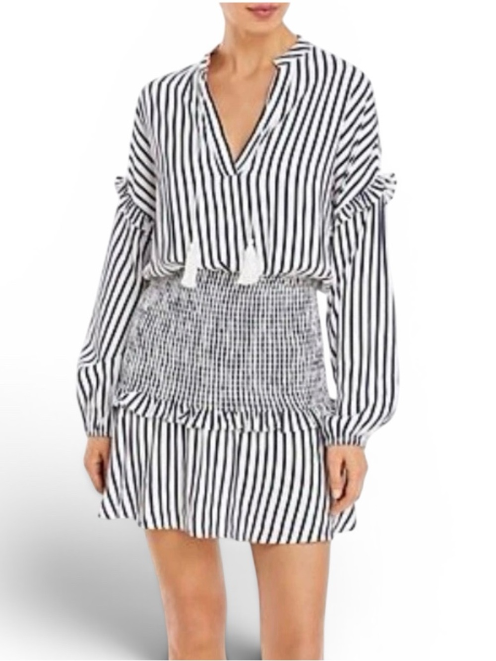 Aqua Charcoal & White Striped Smocked Waist Mini Dress
